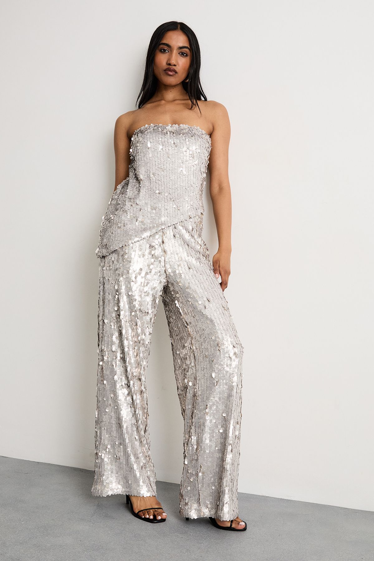 Warehouse Premium Matte Sequin Bustier Top Silver image 2