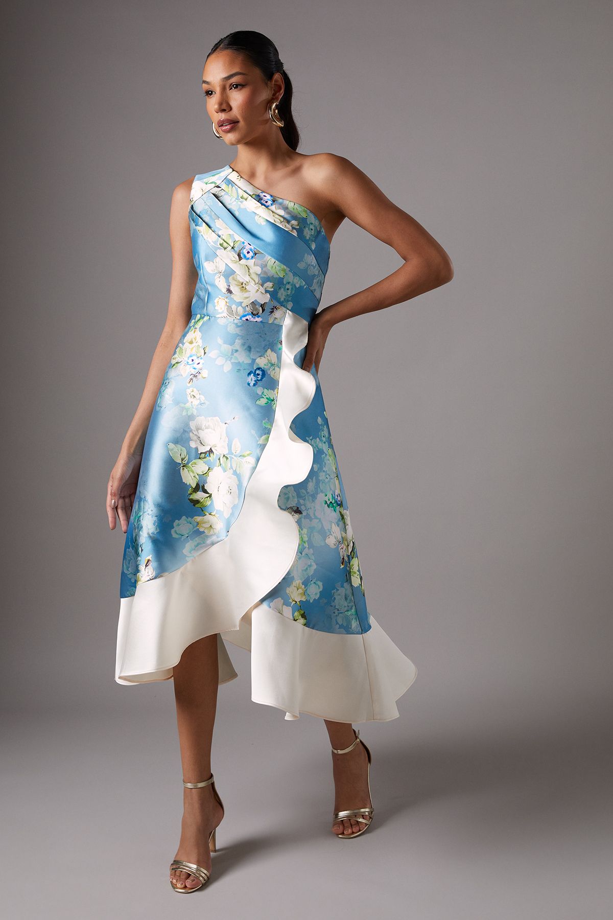 Coast One Shoulder Seam Detail Ruffle Midi Dress Light Blue