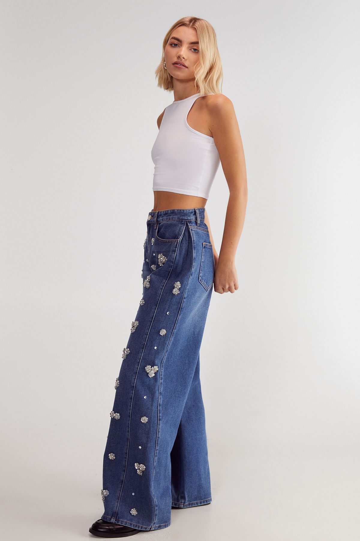 NastyGal Limited Embellished Flower Applique Jean Authentic Denim image 3