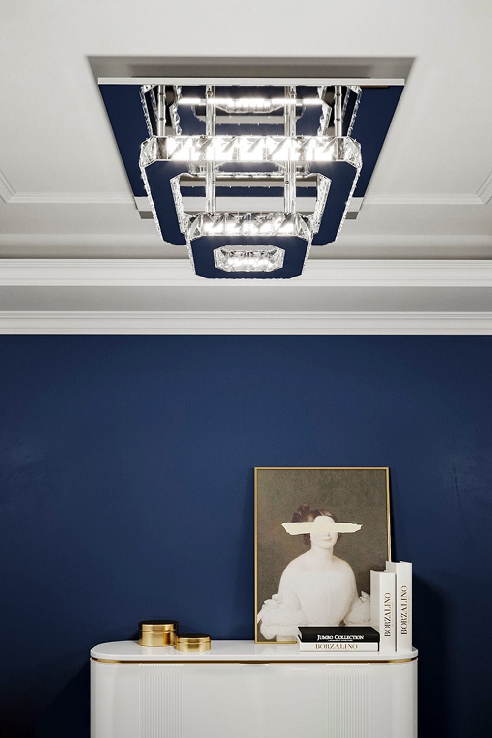 Living and Home Non-Dimmable Crystal Square Double Layer LED Ceiling Light Cool White image 2