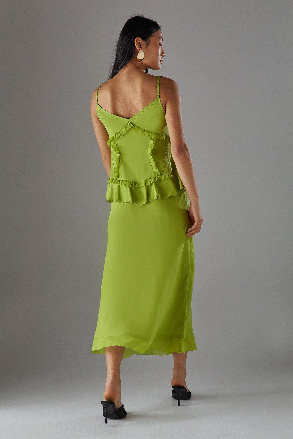 Warehouse Petite Satin Strappy Seam Detail Peplum Midi Dress Chartreuse image 4