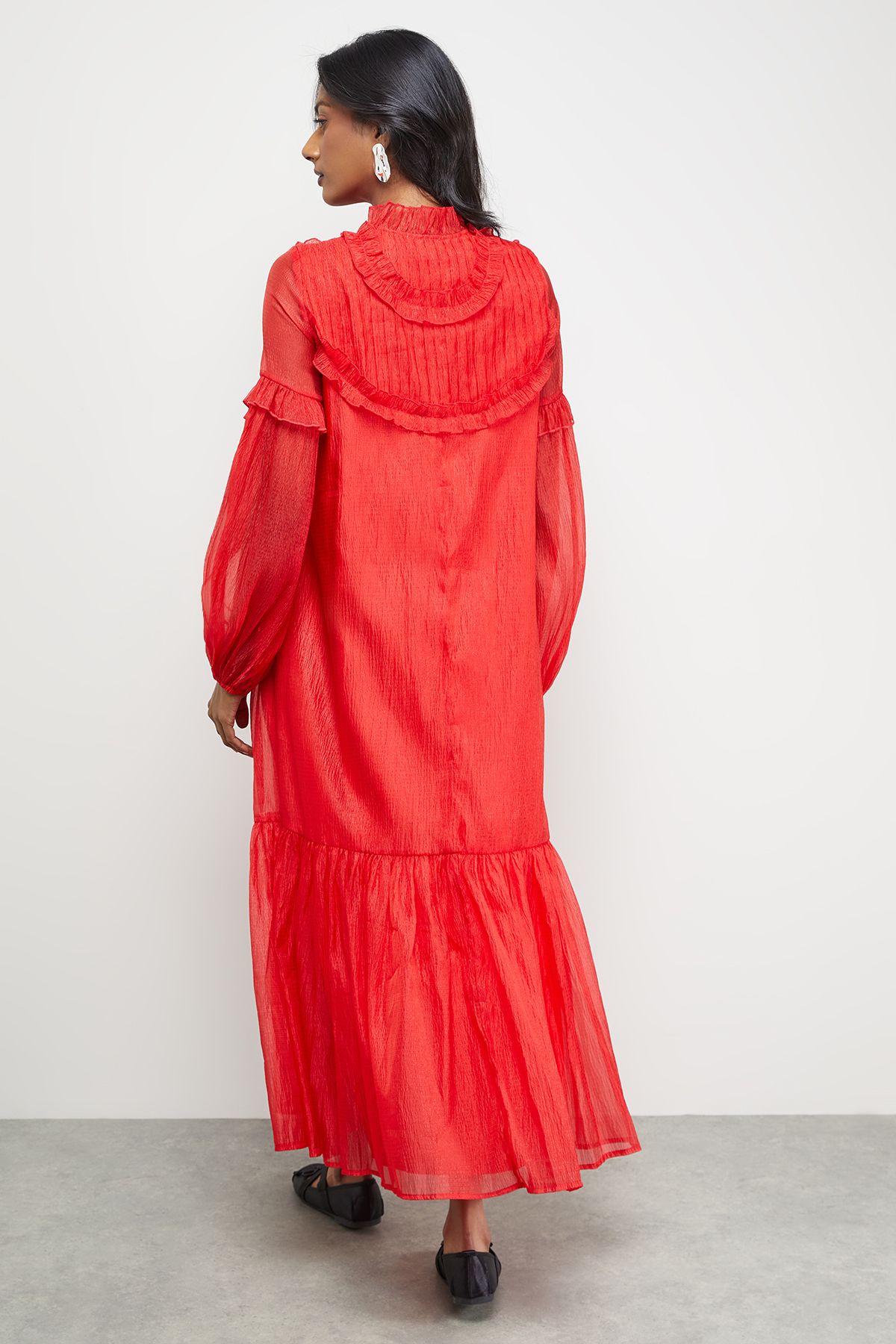 Warehouse Premium Crinkle Stripe Organza Frill Pleat Detail Midi Dress Red image 3