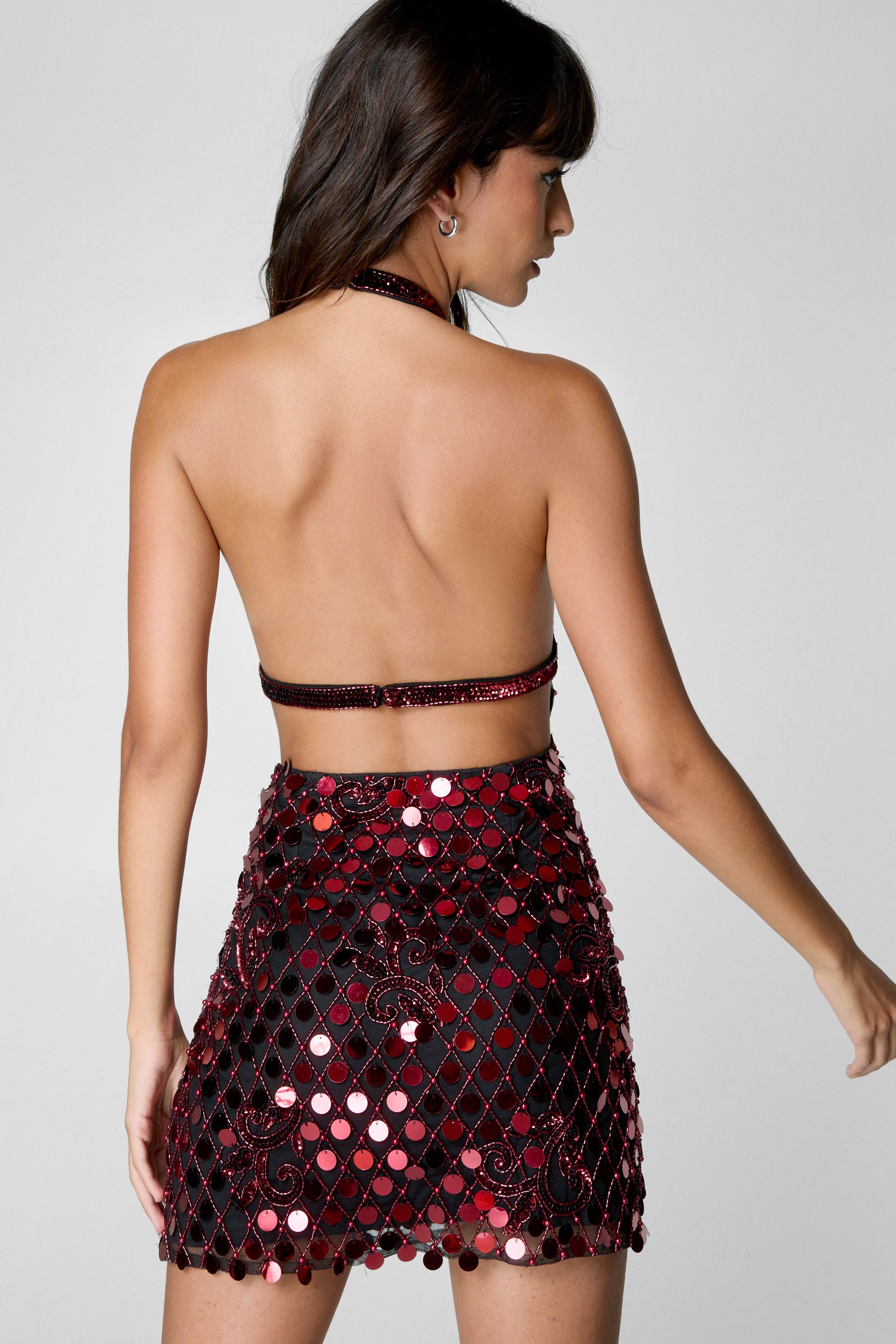 NastyGal Disc Sequin Paisley Beaded High Neck Strappy Back Mini Dress Red image 4