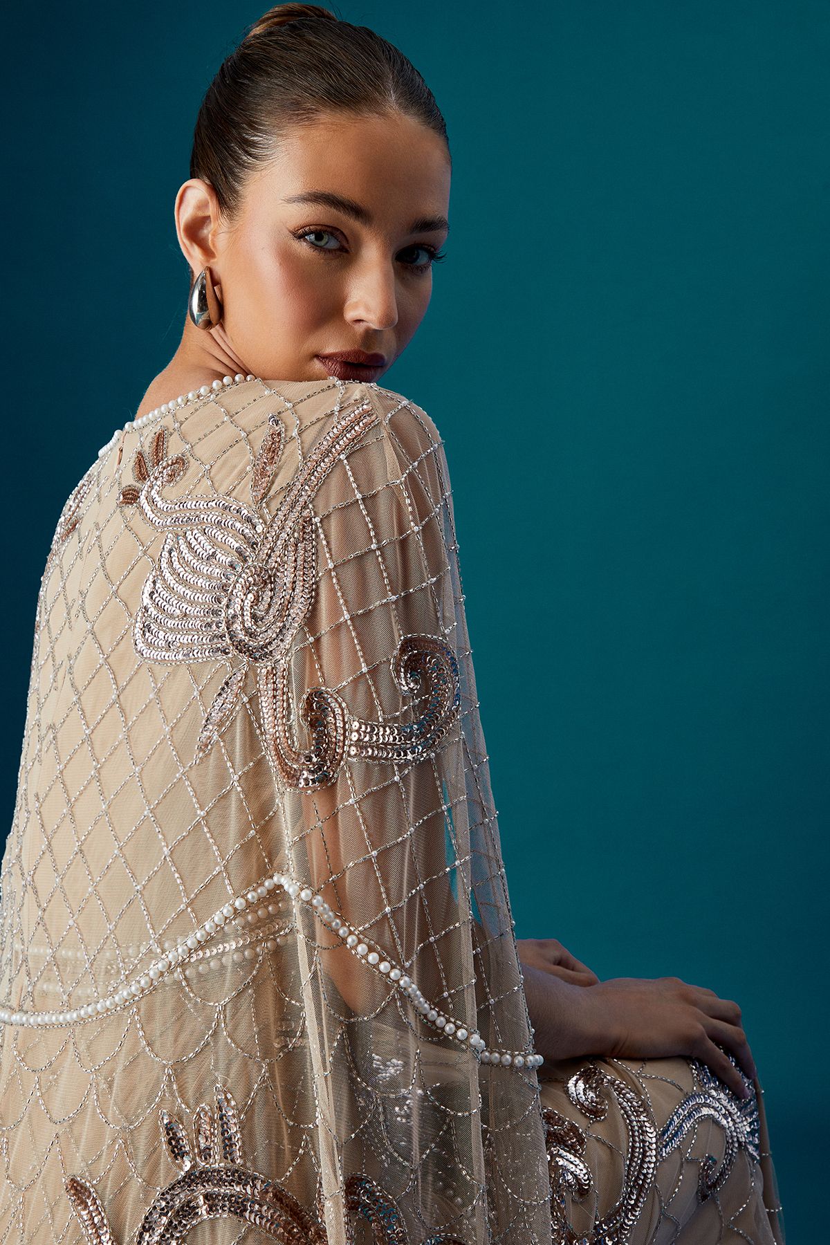 Coast Coast Muse Heavily Embellished Maxi Dress With Cape Sleeves Stone image 4