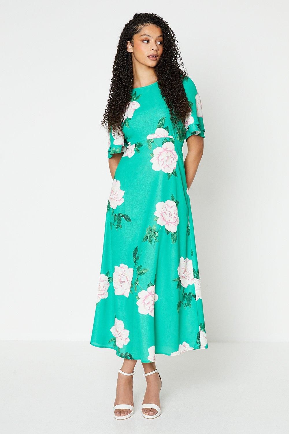 Dorothy Perkins Tall Green Floral Flutter Sleeve Midi Dress Green image 1