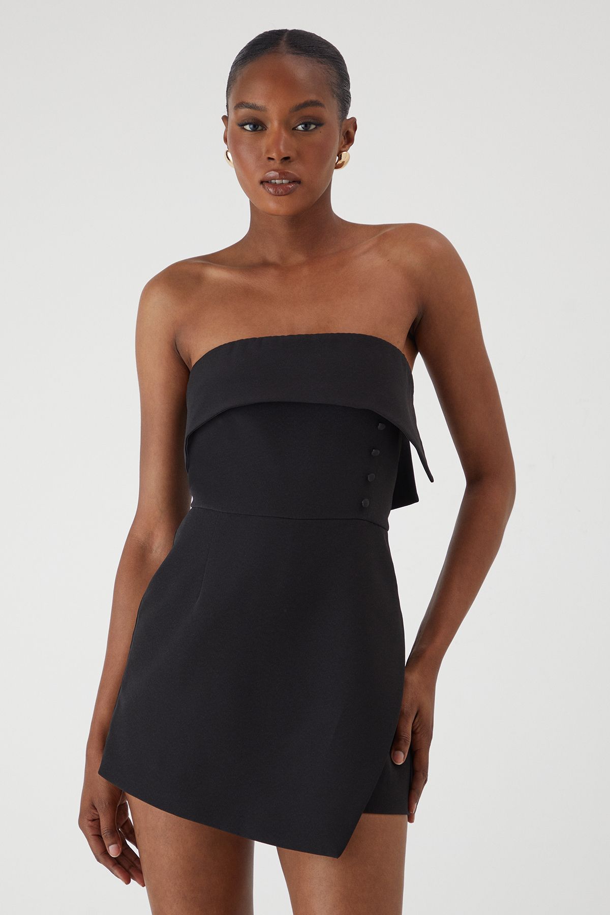 MissPap Bandeau Fold Over Button Skort Playsuit Black image 2