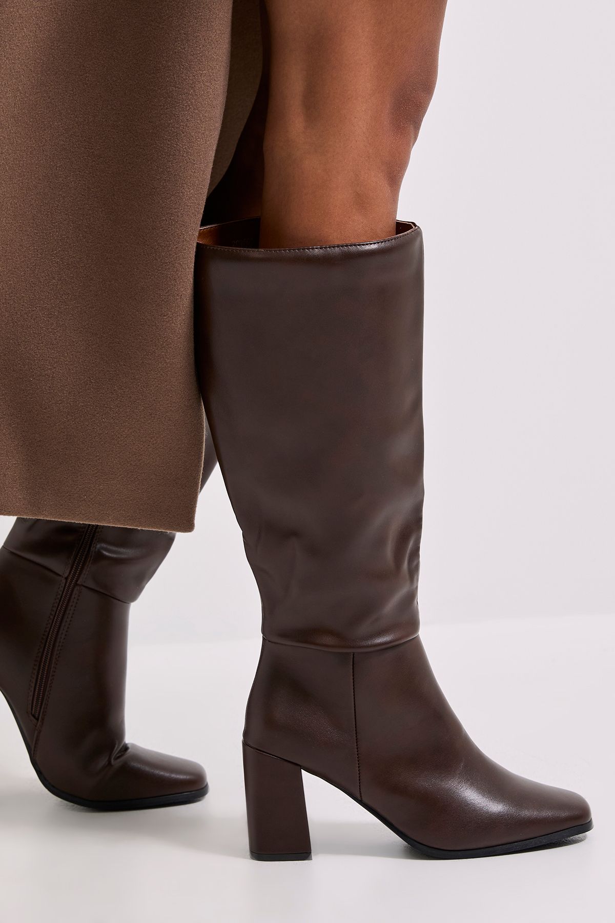 Dorothy Perkins Wide Fit Kristen Faux Leather Square Toe High Heel Knee Boots Brown image 3