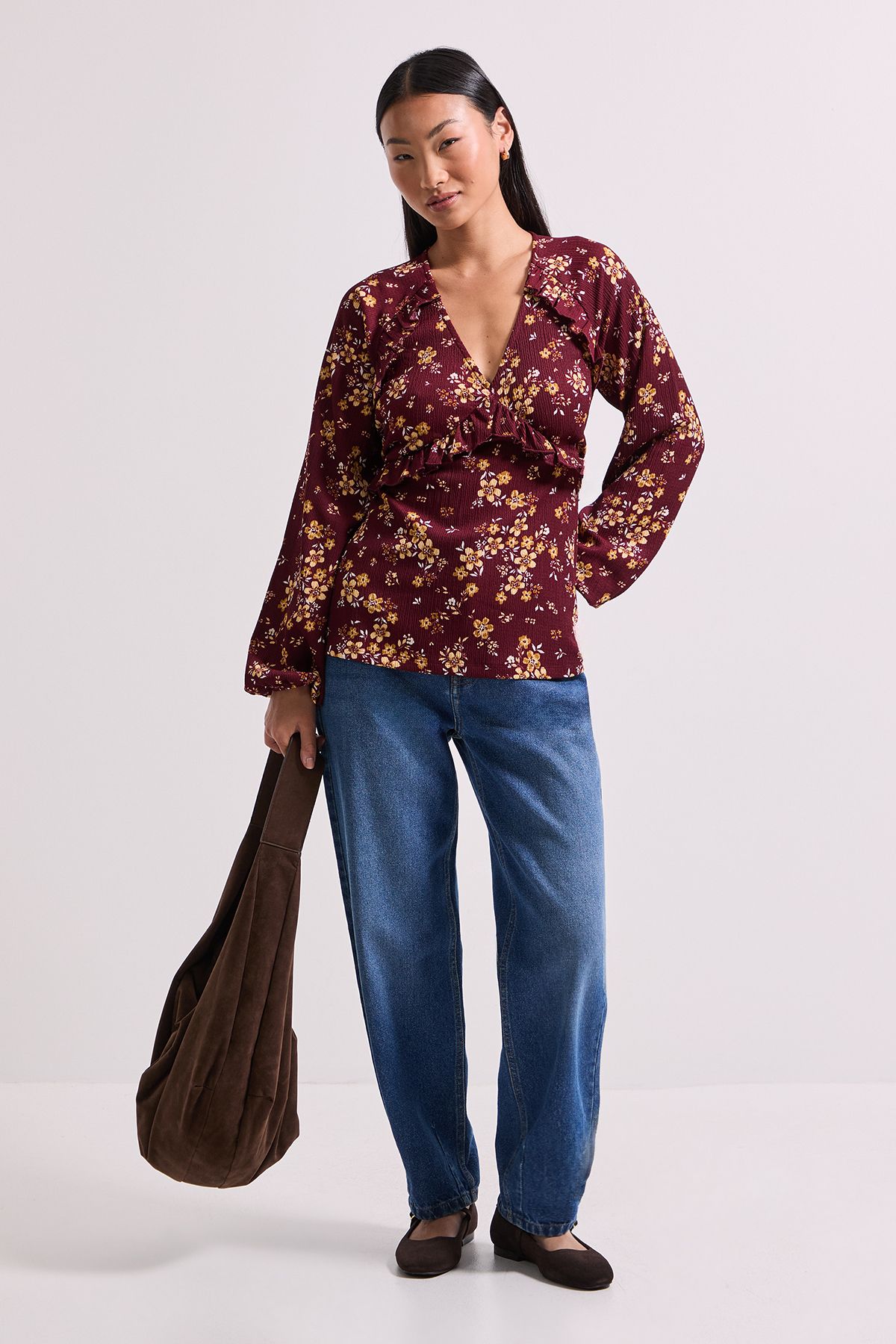 Dorothy Perkins Petite Yellow Floral Empire Seam Frill Detail Printed Jersey Top Yellow image 1