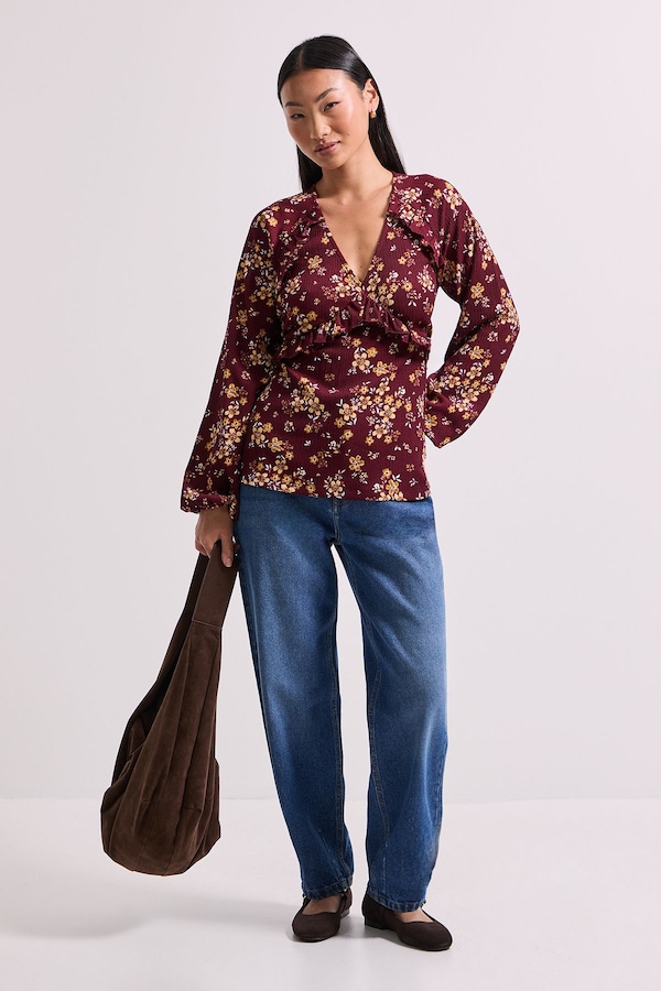 Dorothy Perkins Petite Yellow Floral Empire Seam Frill Detail Printed Jersey Top Yellow