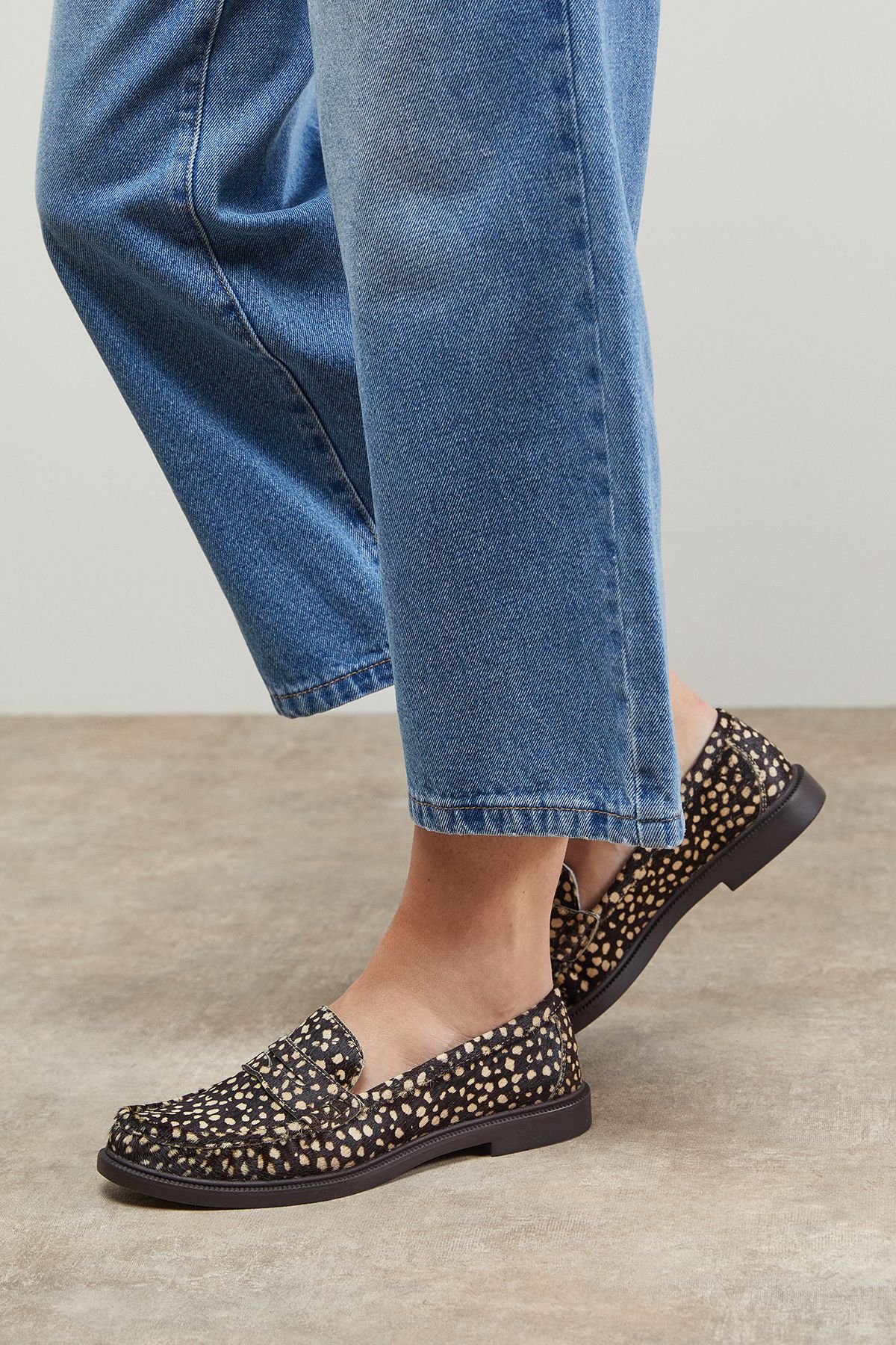 Oasis Beth Deer Print Pony Leather Grandad Loafers Brown