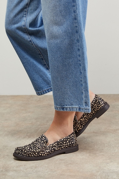 Oasis Beth Deer Print Pony Leather Grandad Loafers Brown