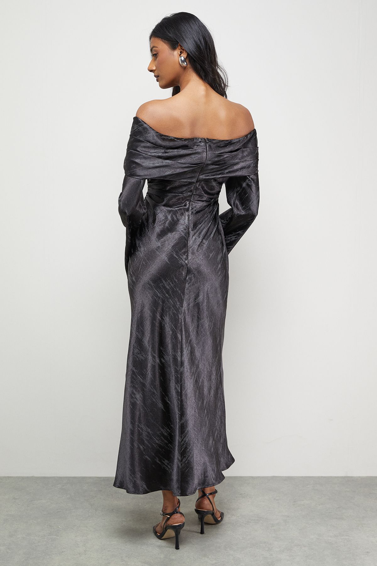 Warehouse Shimmer Satin Foldover Bardot Bias Midi Dress Black image 3
