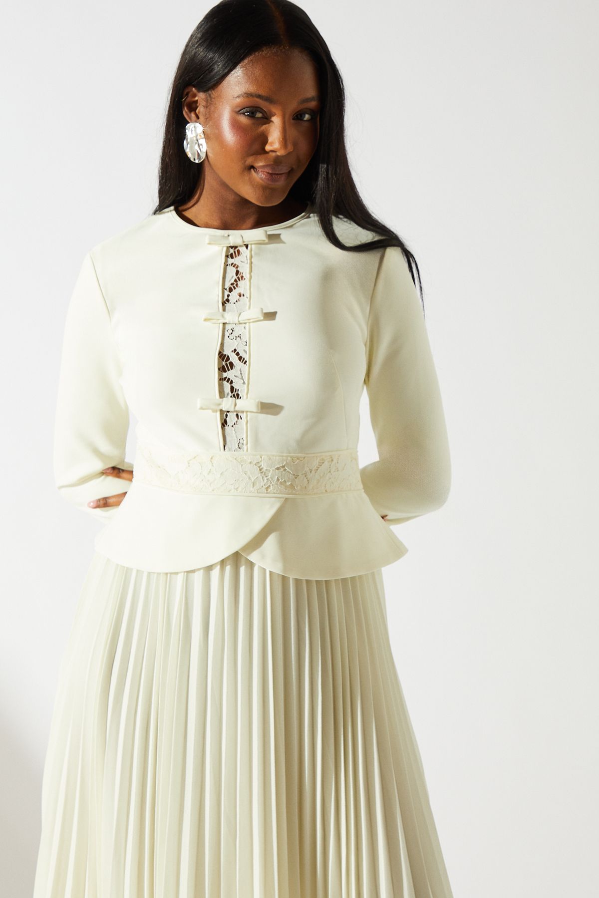 Coast Crepe Pleat Lace Dress Ivory image 2