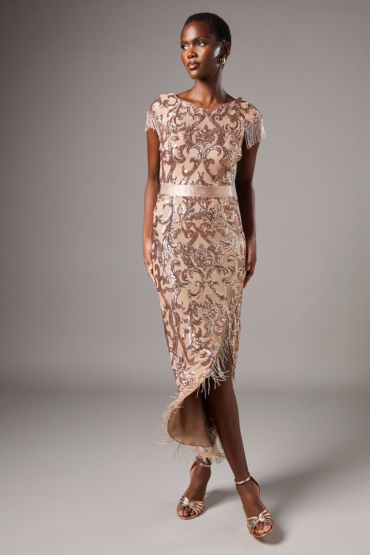 Coast Cap Sleeve Sequin Midi Dress Champagne image 1