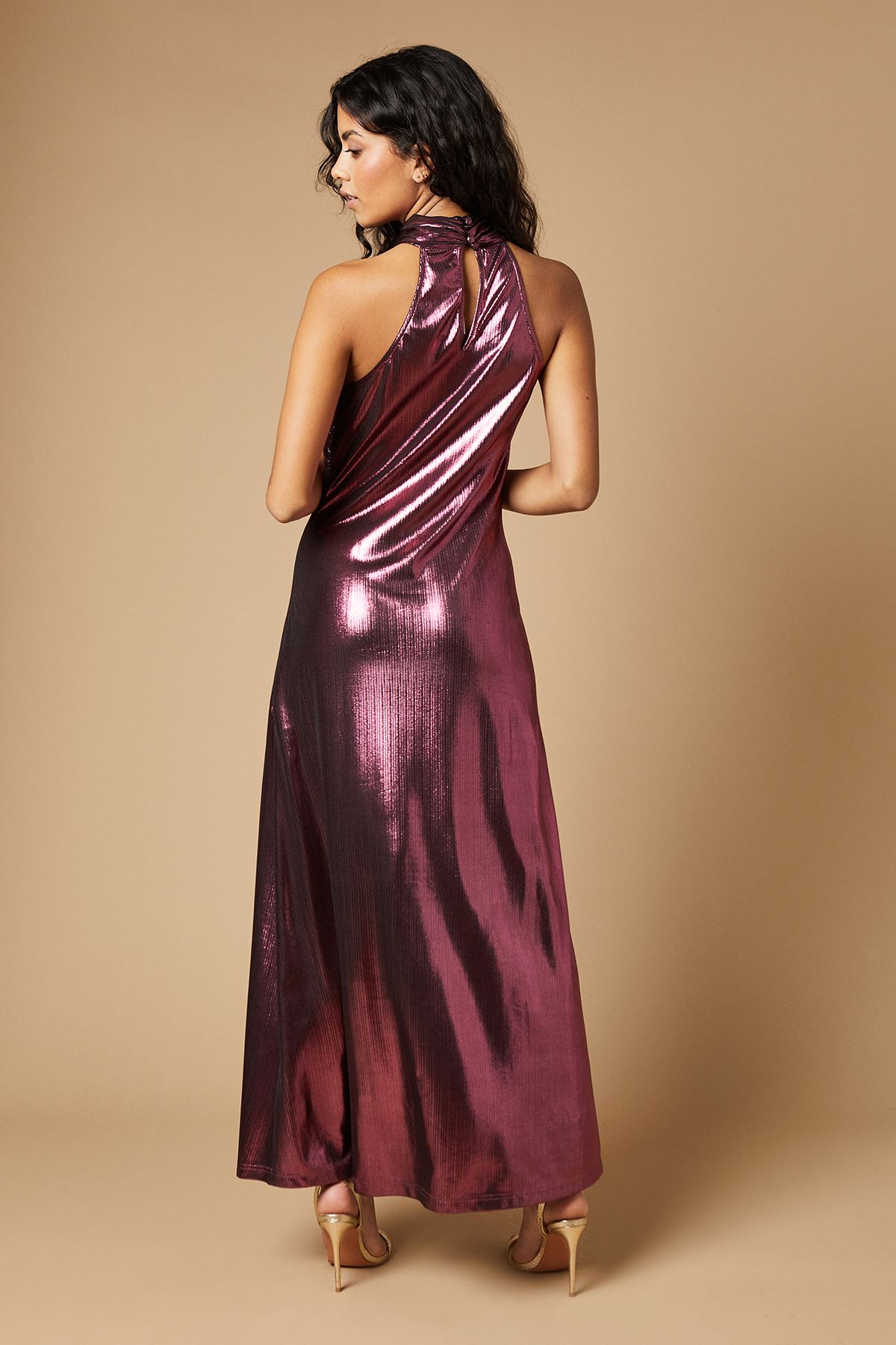 Oasis Petite Occasion Metallic Twist Neck Midaxi Dress Pink image 3