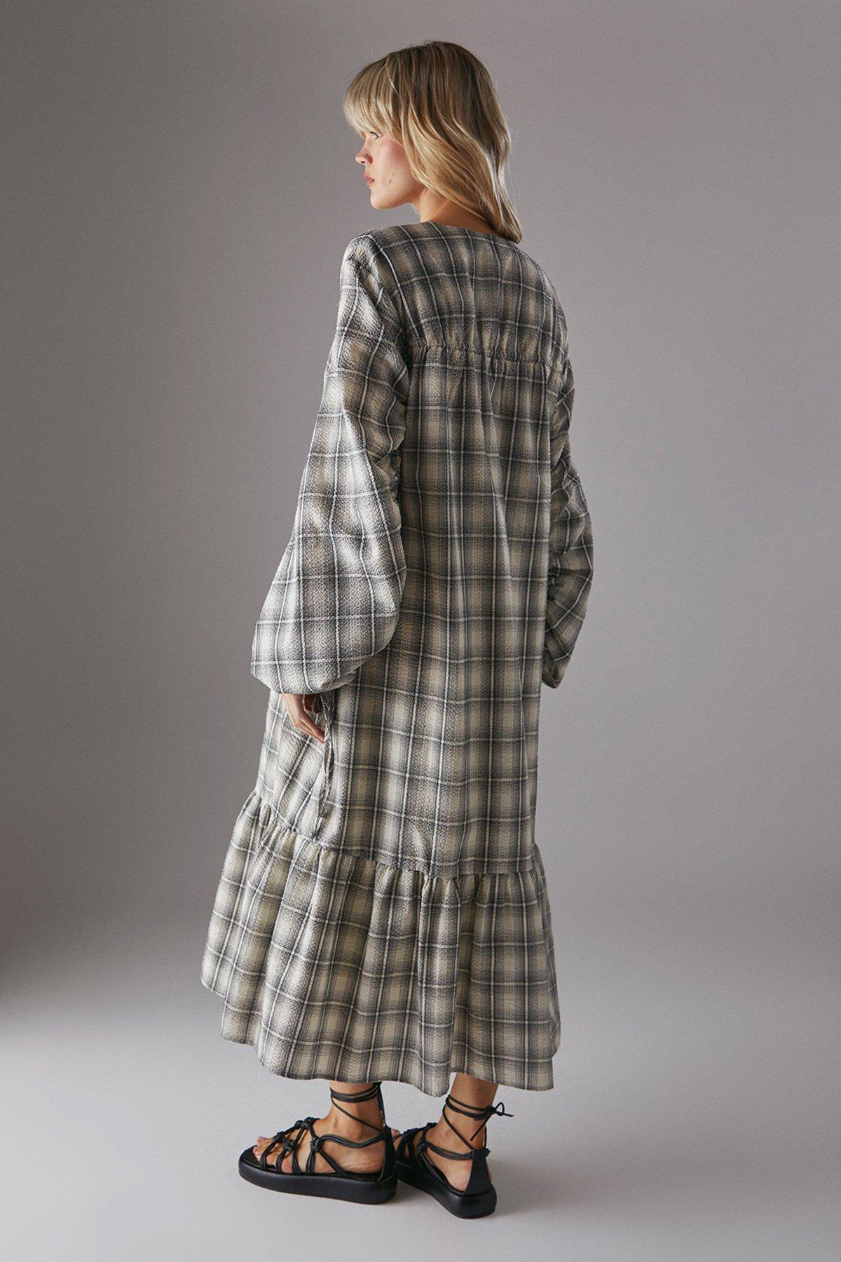 Warehouse Gathered Channel Detail Check Midi Smock Dress Ivory image 3
