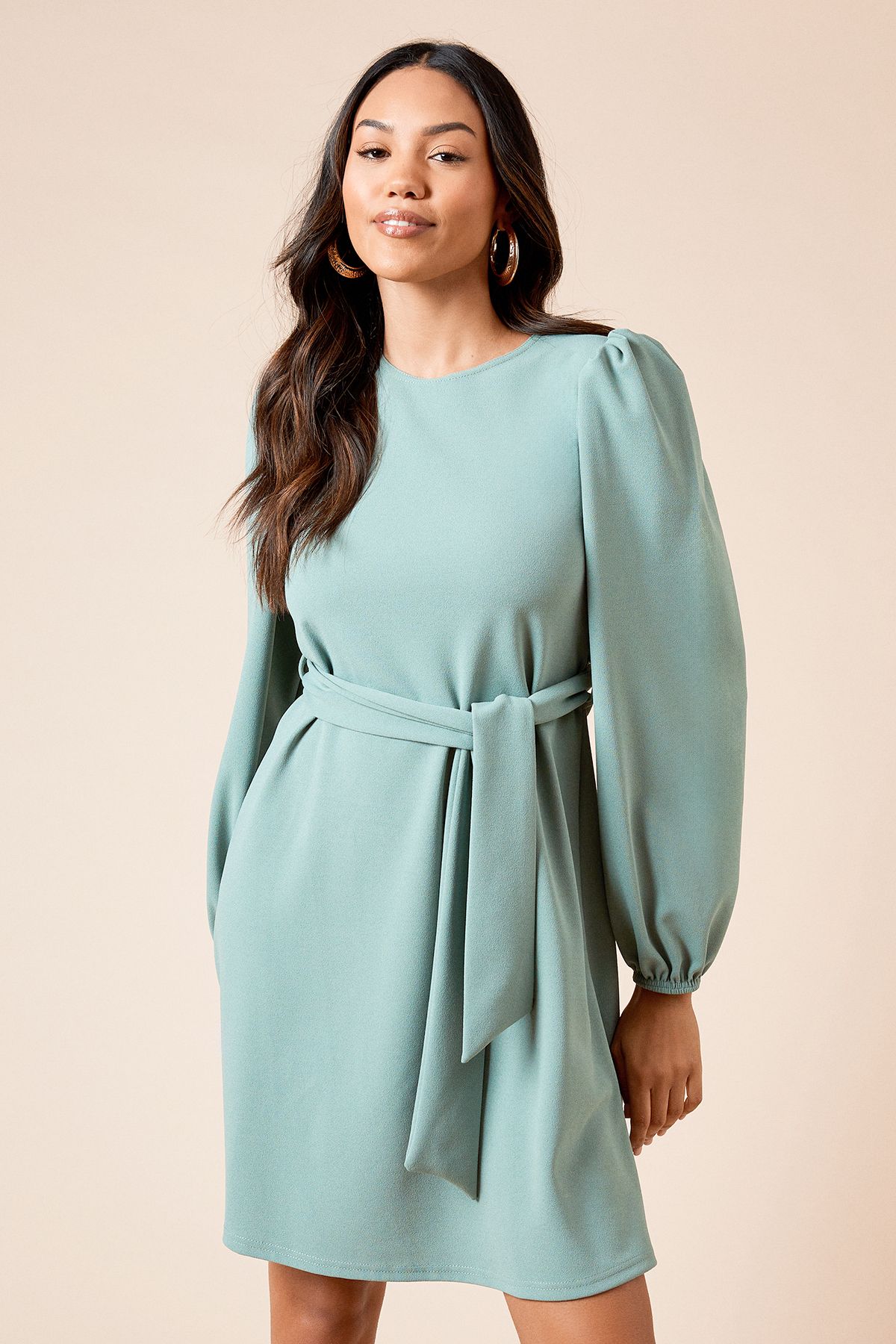 Dorothy Perkins Belted Scuba Shift Mini Dress Soft Green image 1