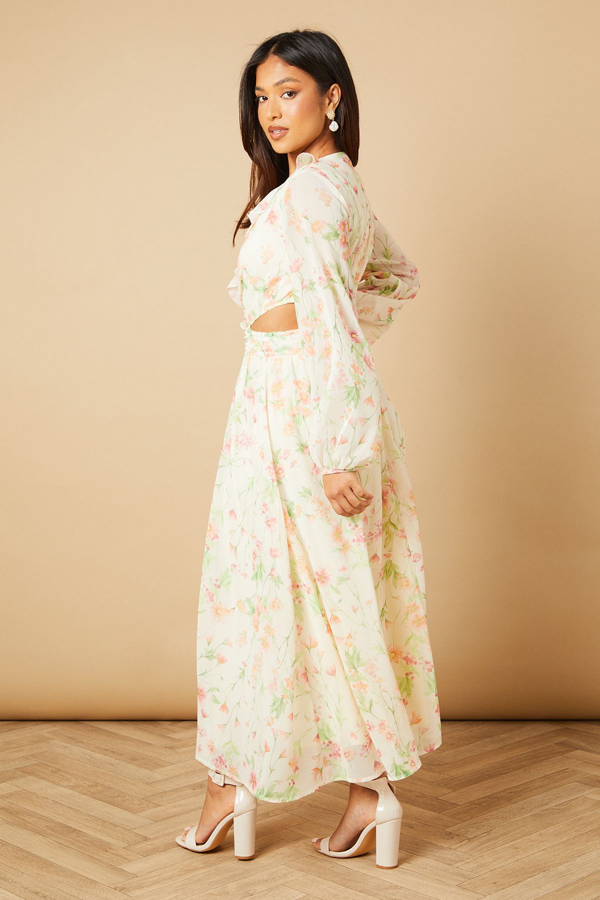 Oasis Petite Printed Cut Out Long Sleeve Midi Dress Ivory image 4