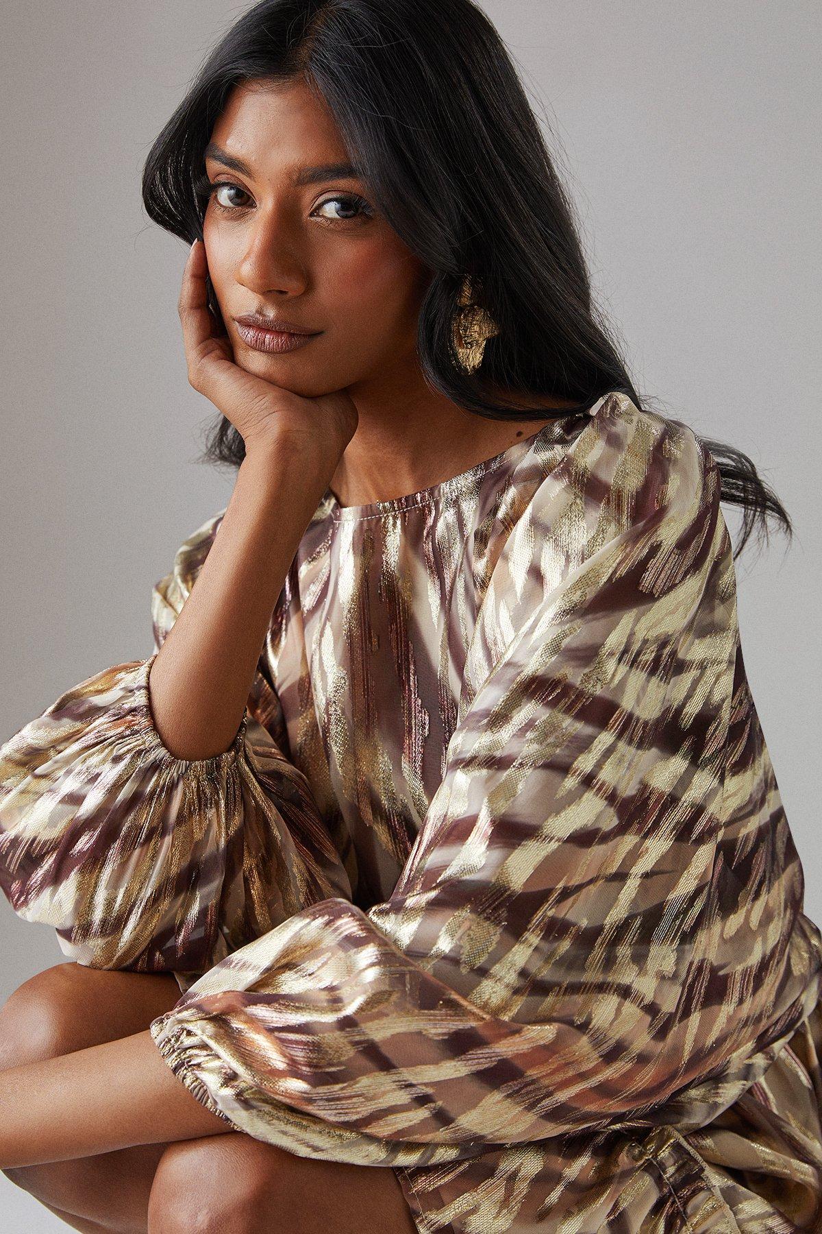 【新品未着用】Volume Sleeve Mini Dress Warehouse Zebra Metallic Jacquard Volume Sleeve Mini Dress | PLT