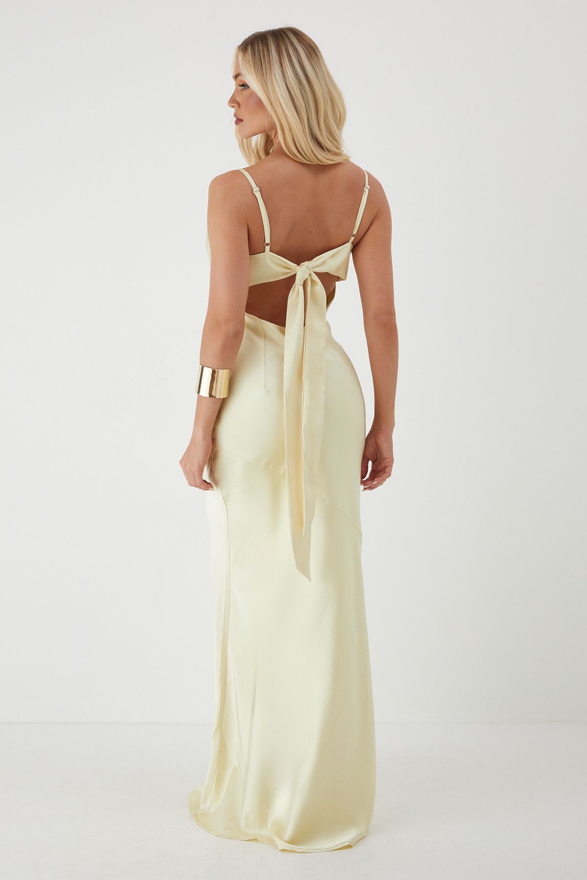 MissPap Premium Satin Bow Back Bias Cut Bridesmaid Dress Lemon image 3