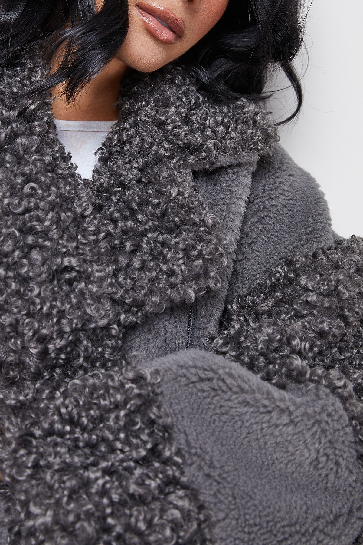 Warehouse Fur Mix Zip Through Jacket Grey image 5