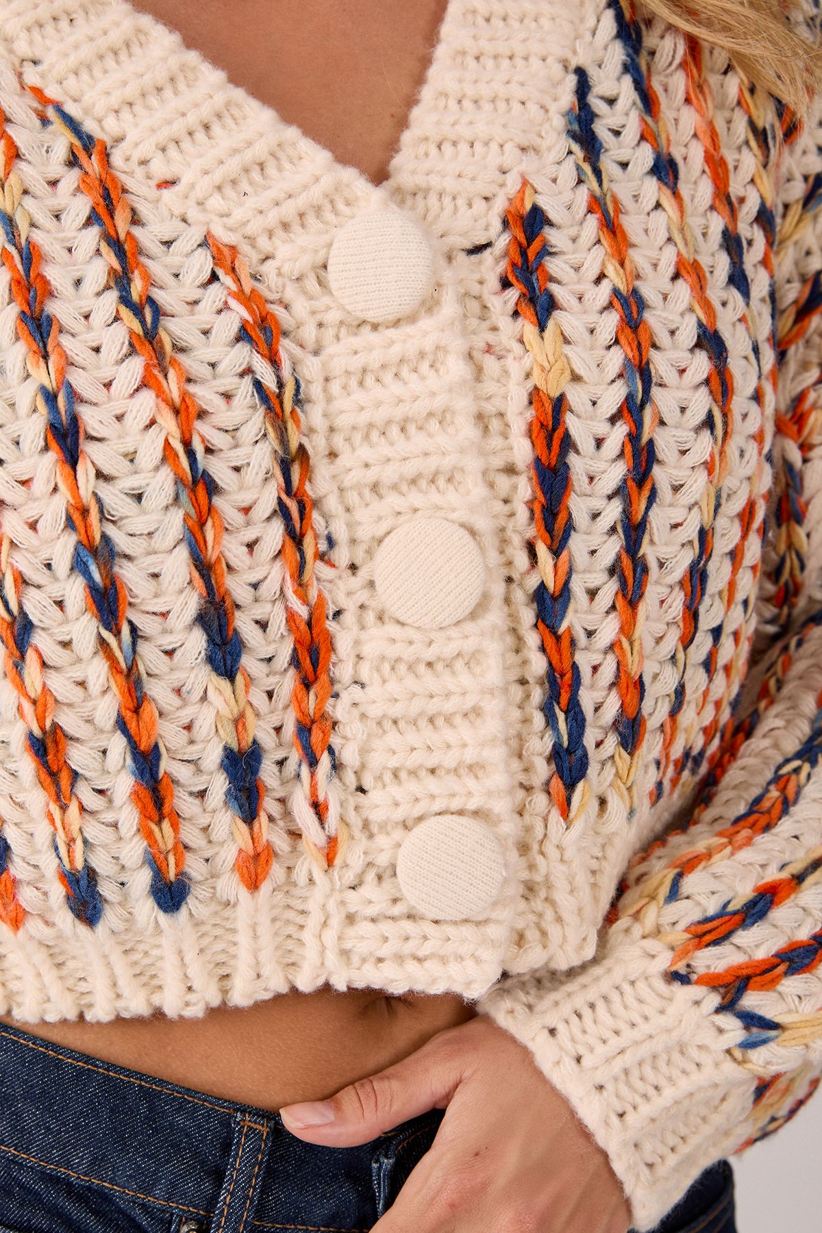 NastyGal Multi Stitch Chunky Cable Knit Cardigan Cream image 4