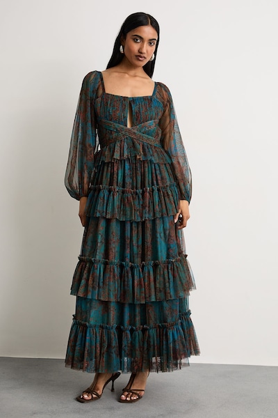 Warehouse Abstract Print Cut Out Gathered Tulle Maxi Dress With Tiers Blue