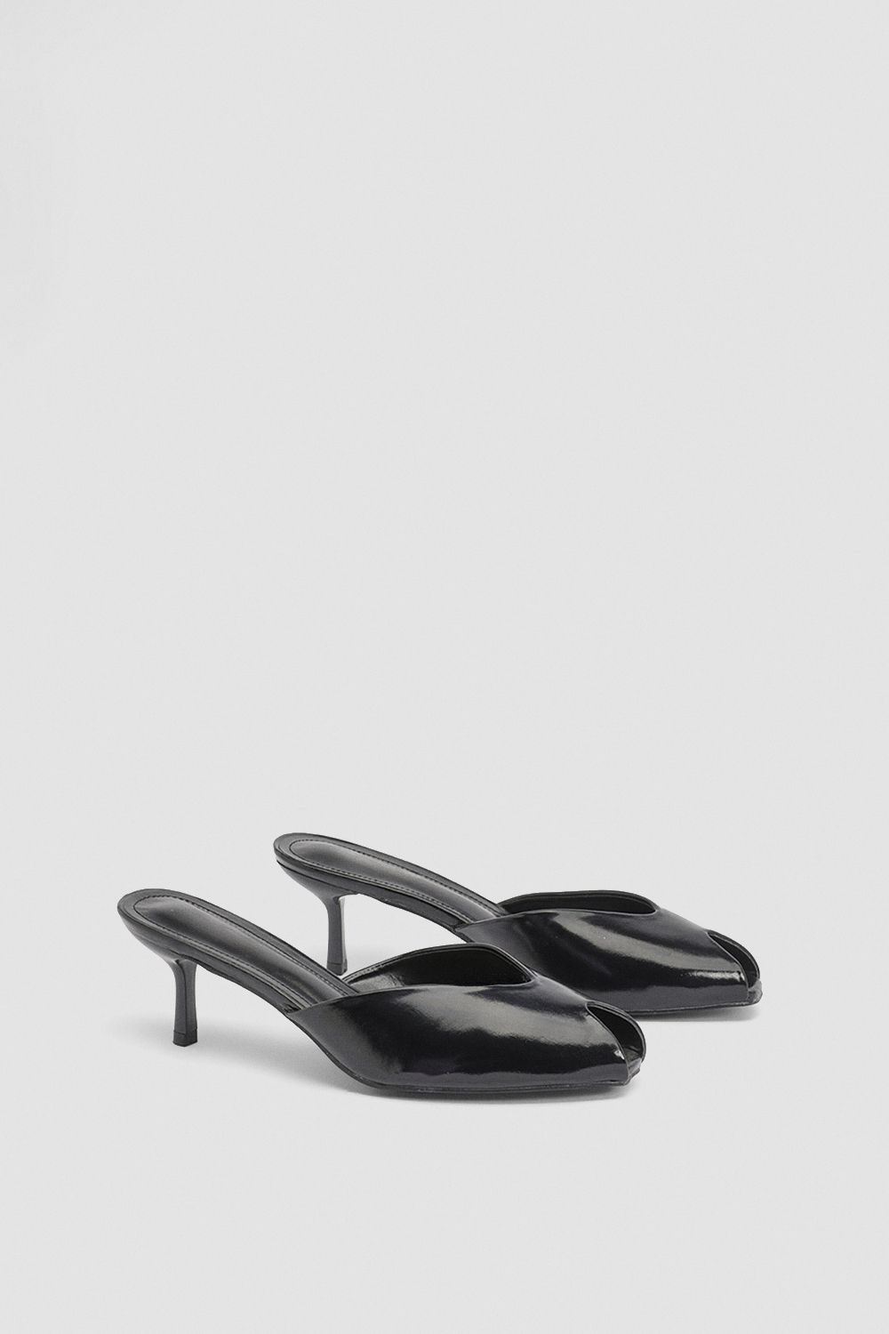 MissPap Black Faux Leather Mid Stiletto Heel Peep Toe Mules True Black