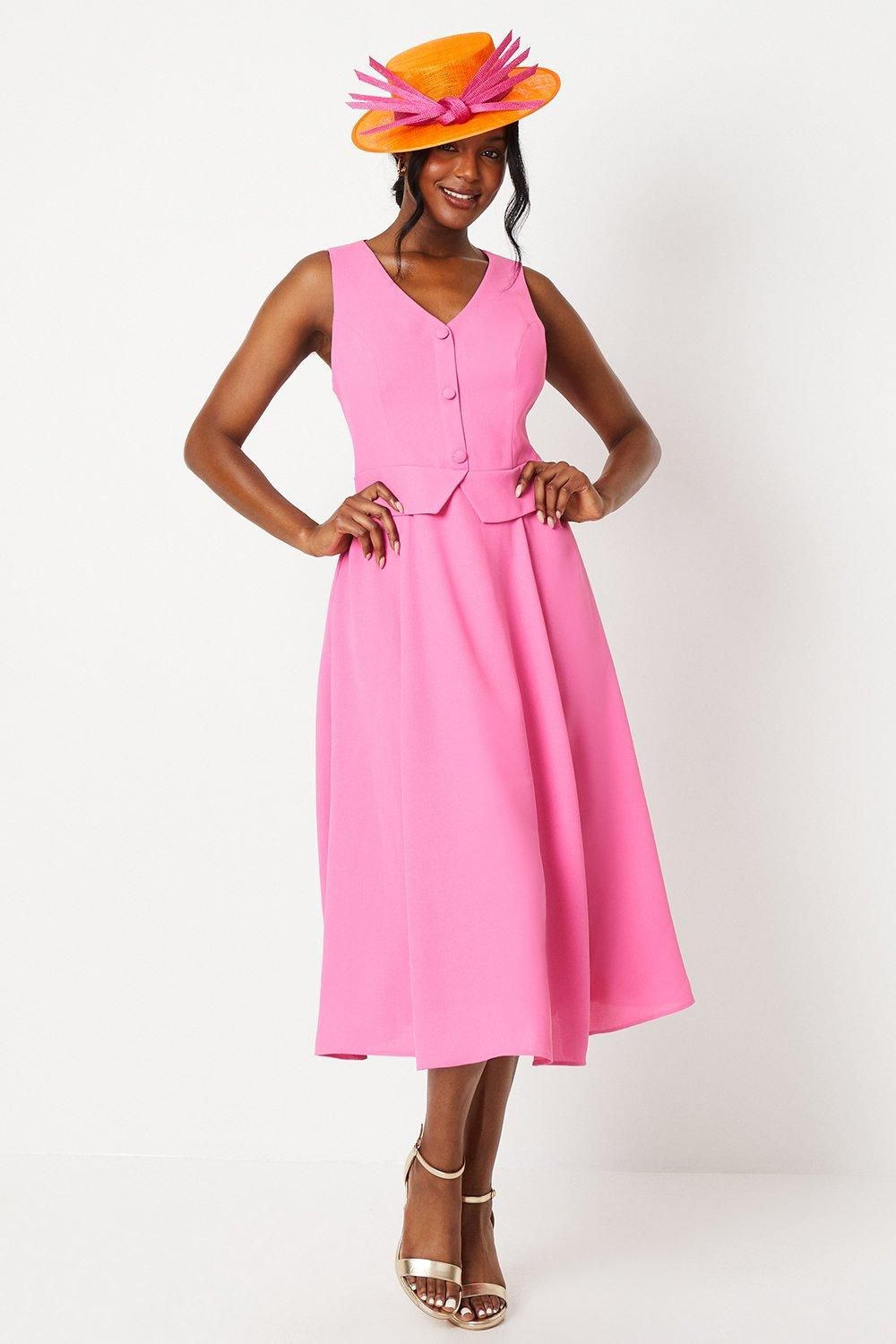 Coast Lisa Tan Waistcoat Midi Dress With Drape Skirt Hot Pink