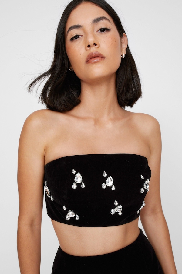 NastyGal Velvet Cluster Embellishment Bandeau Top Black
