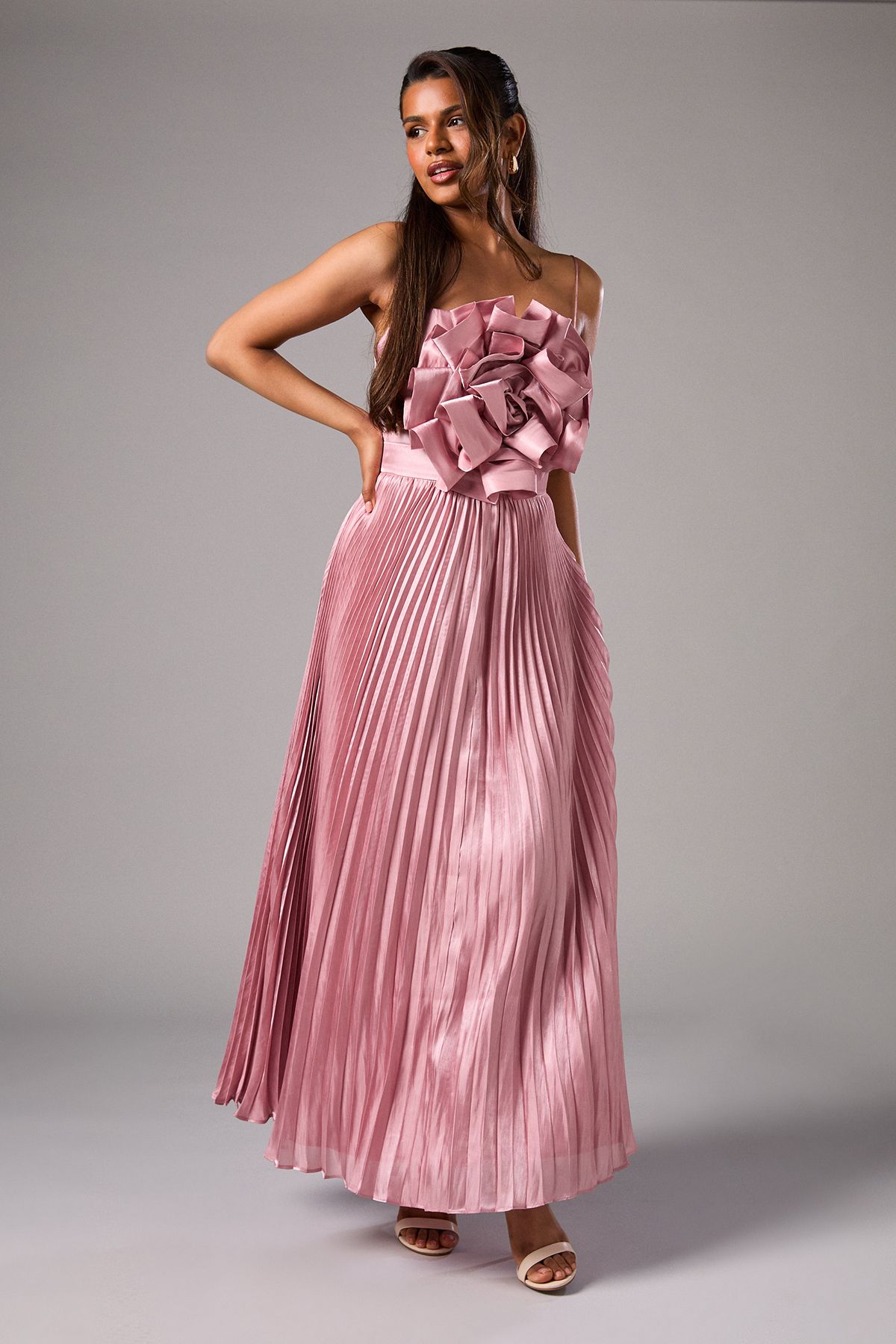Coast Petite Metallic Strappy Pleated Corsage Maxi Dress Pink image 1