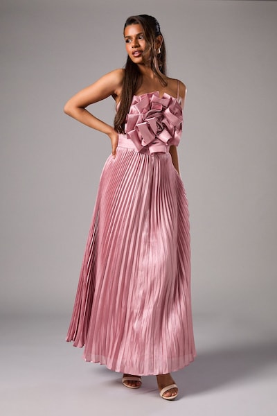 Coast Petite Metallic Strappy Pleated Corsage Maxi Dress Pink
