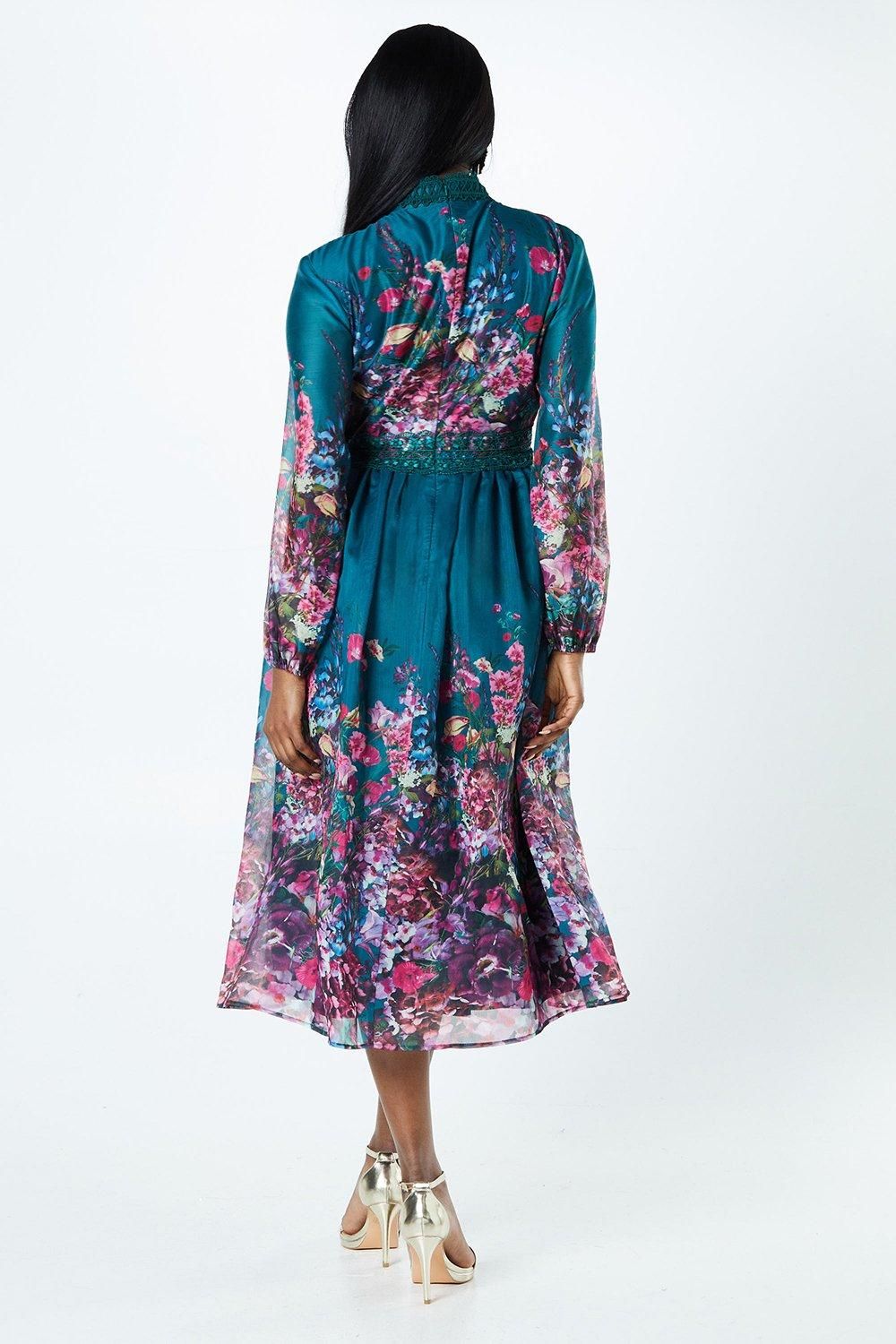 Coast Placement Print Lace Trim Midi Wedding Guest Dress Teal image 3