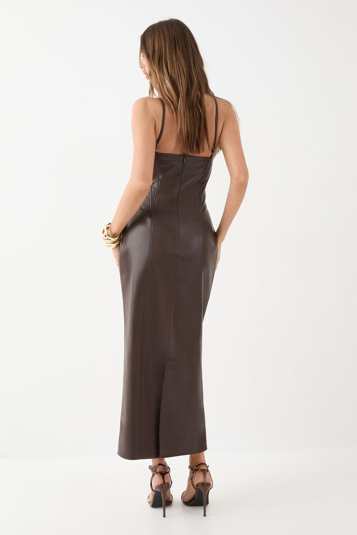 MissPap Faux Leather Midi Dress Chocolate image 3