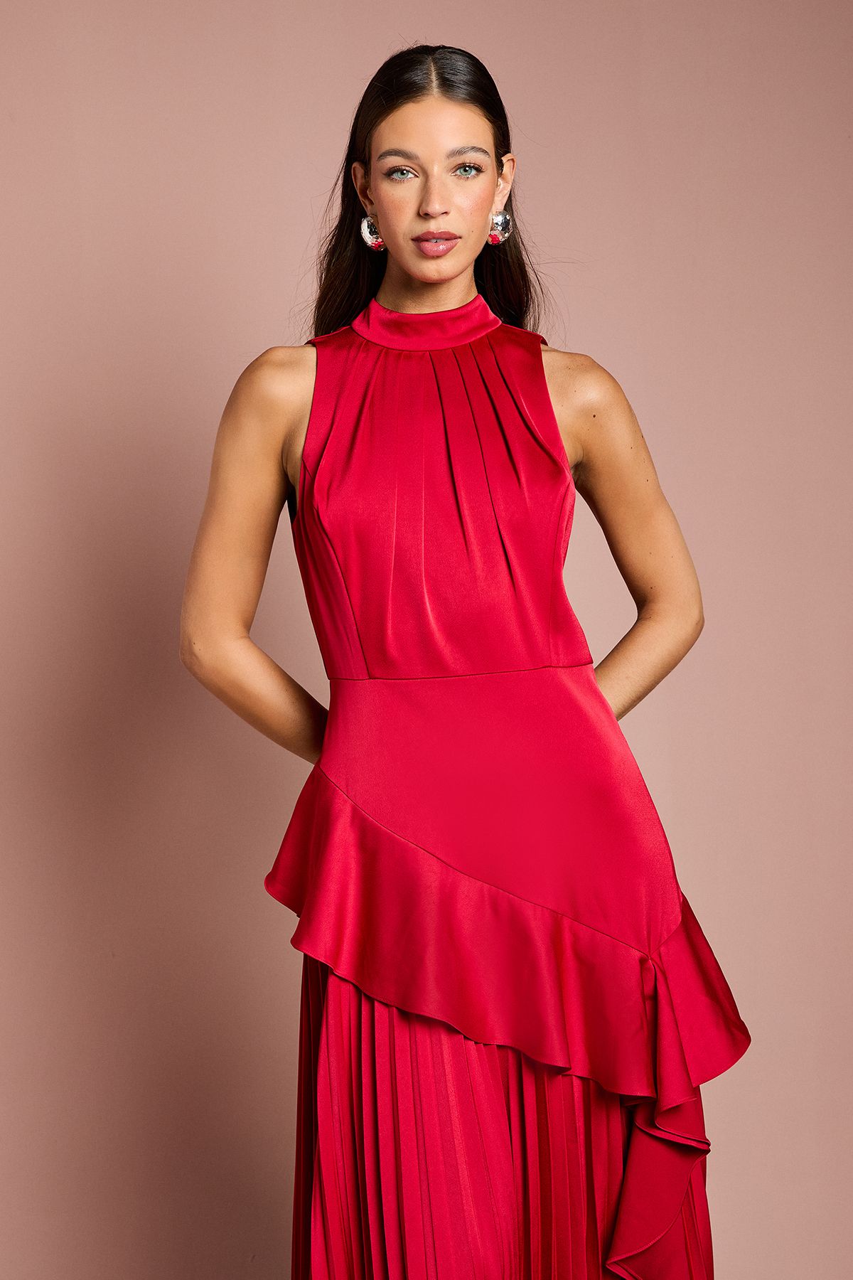Coast Sleeveless Ruffle Pleat Satin Back Crepe Dress Red image 2