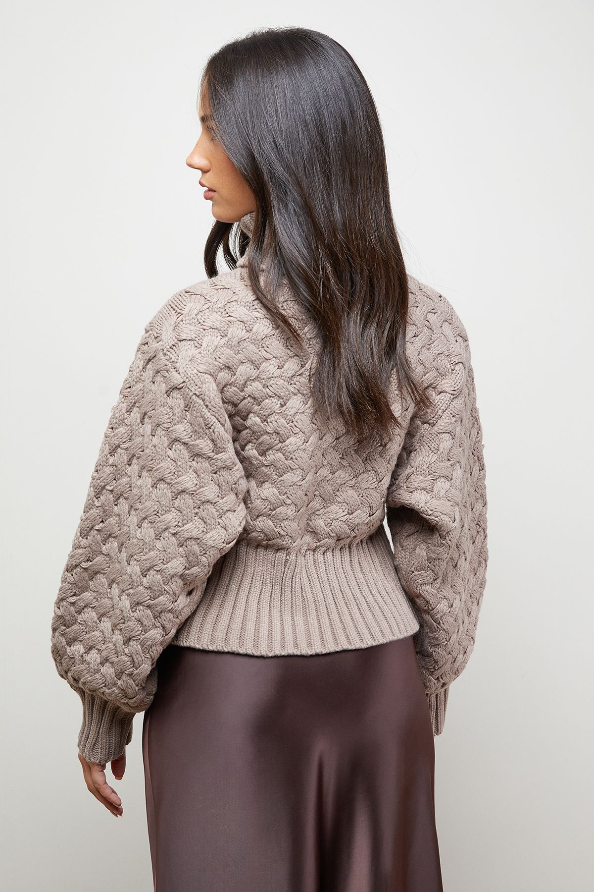 Oasis Chunky Cable Knit Roll Neck Jumper Mocha image 3