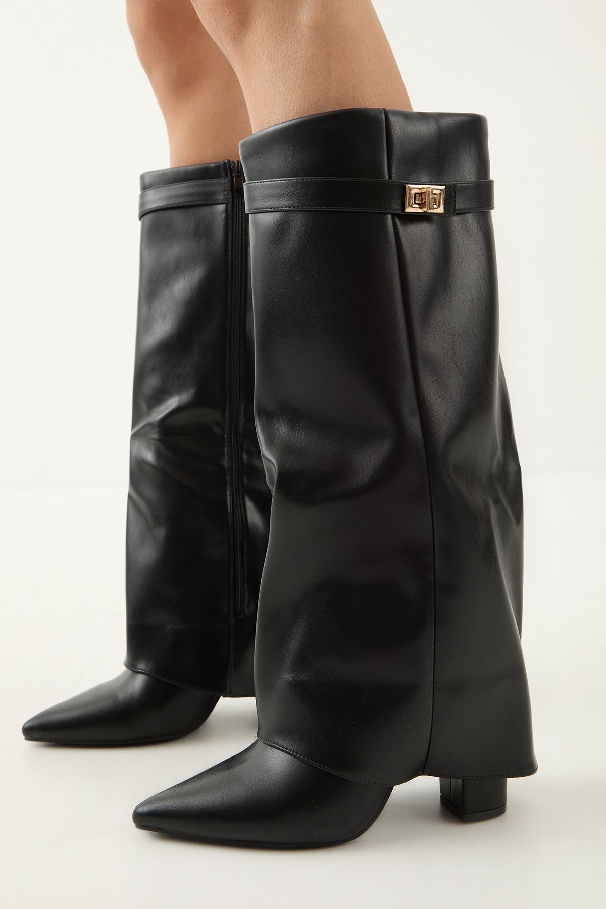 MissPap Faux Leather Foldover High Block Knee High Boots Black image 4