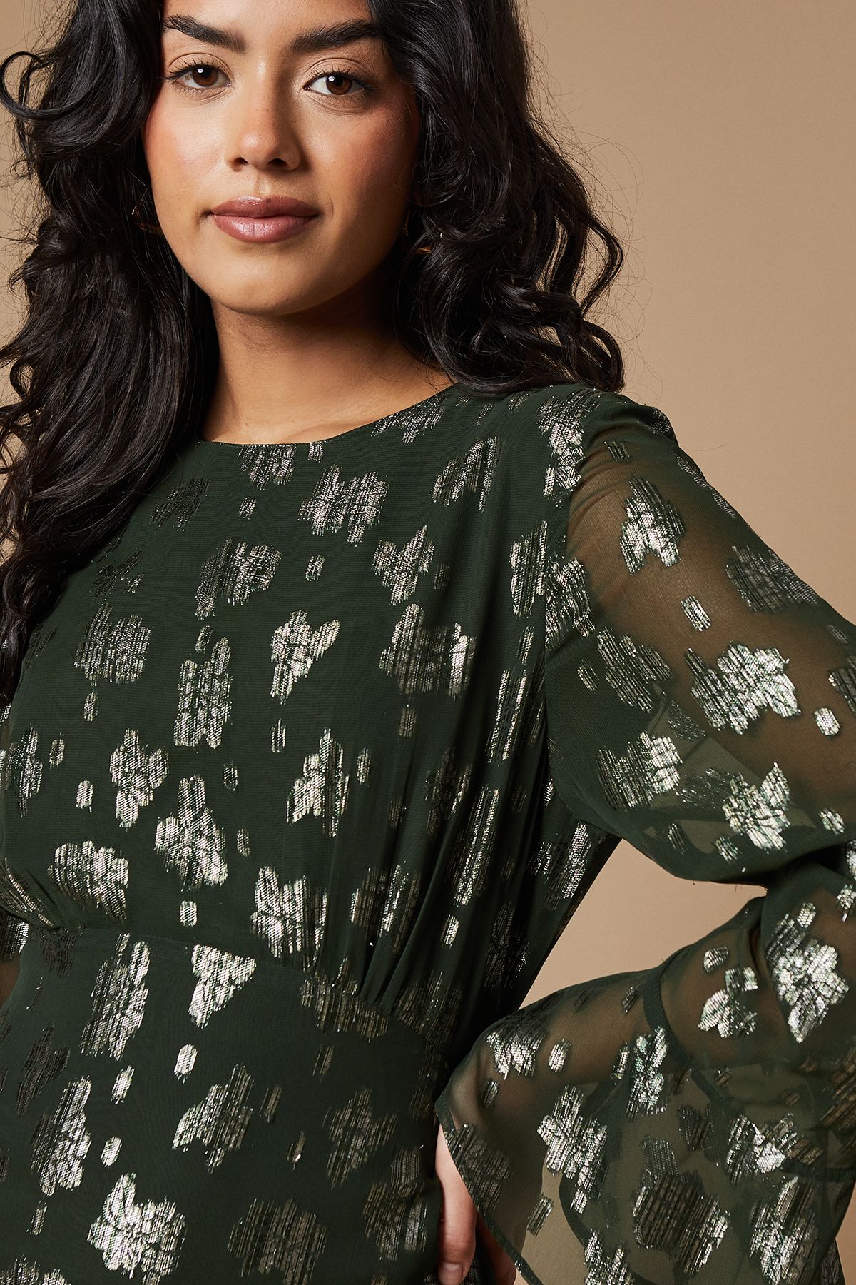 Oasis Metallic Jacquard Flute Sleeve Midi Dress Dark Olive image 2