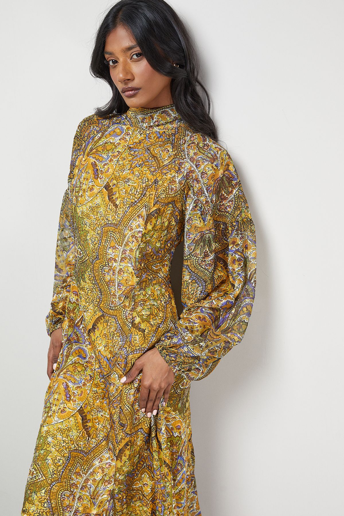 Warehouse Paisley Burnout Spot High Neck Godet Midi Dress Mustard image 4