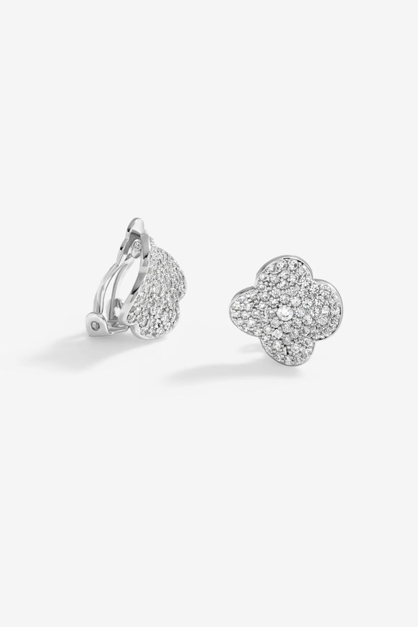Jon Richard Rhodium Plated Cubic Zirconia Pave Clover Clip Earrings