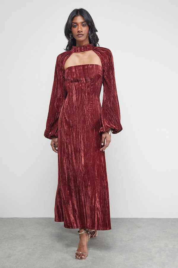Warehouse Crinkle Velvet Cutout Blouson Sleeve Midi Dress Burgundy