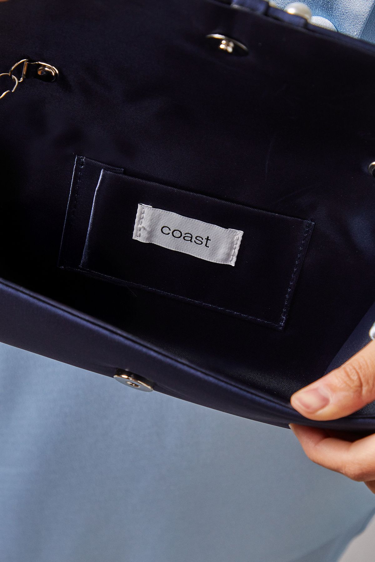 Coast Mandolin Satin Pearl Brooch Clutch Bag Navy image 4