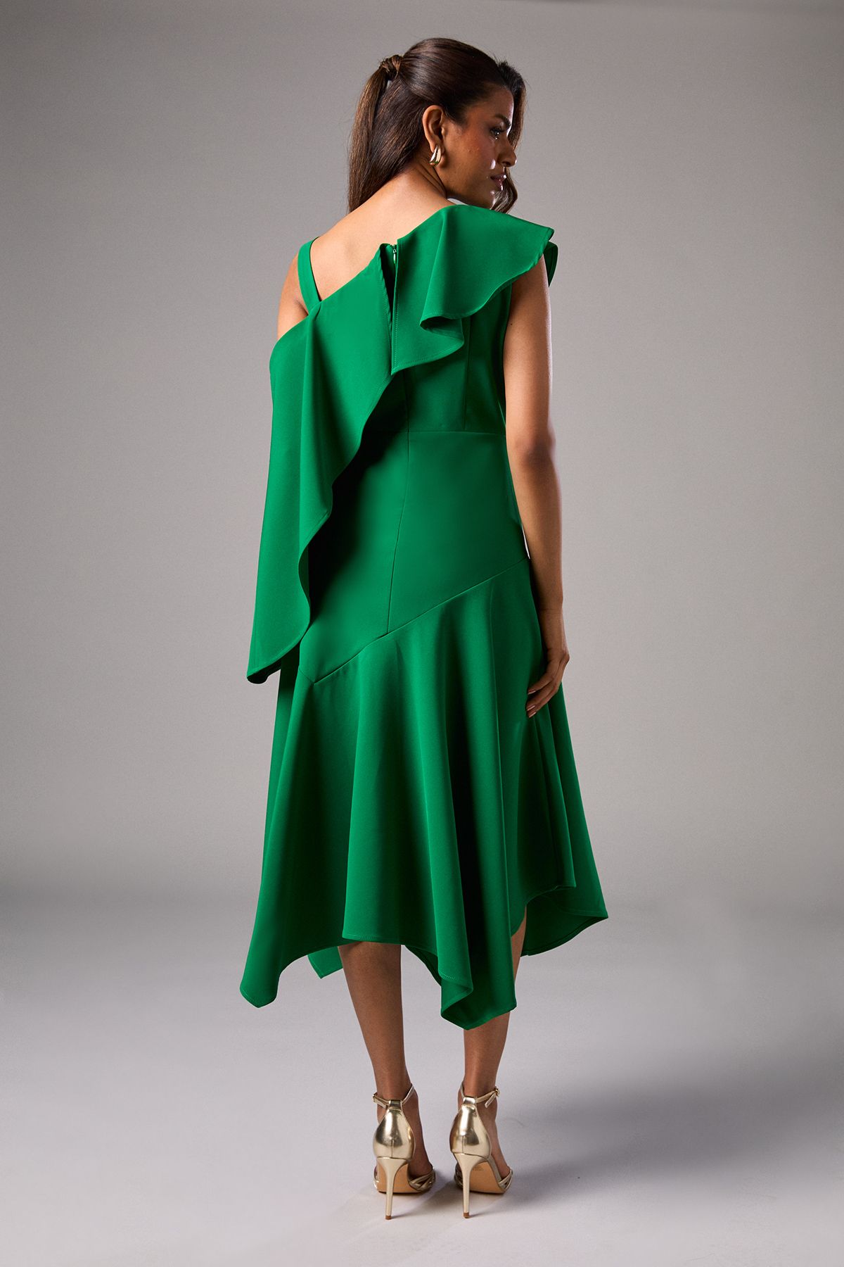 Coast Petite One Shoulder Ruffle Crepe Midi Wedding Guest Dress Emerald image 3
