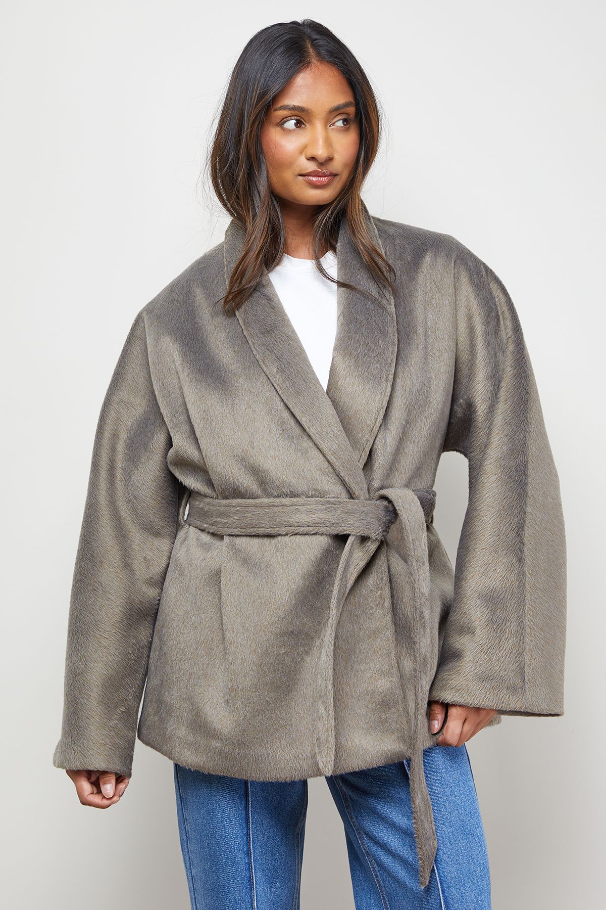 Oasis Wrap Detail Belted Short Coat Grey