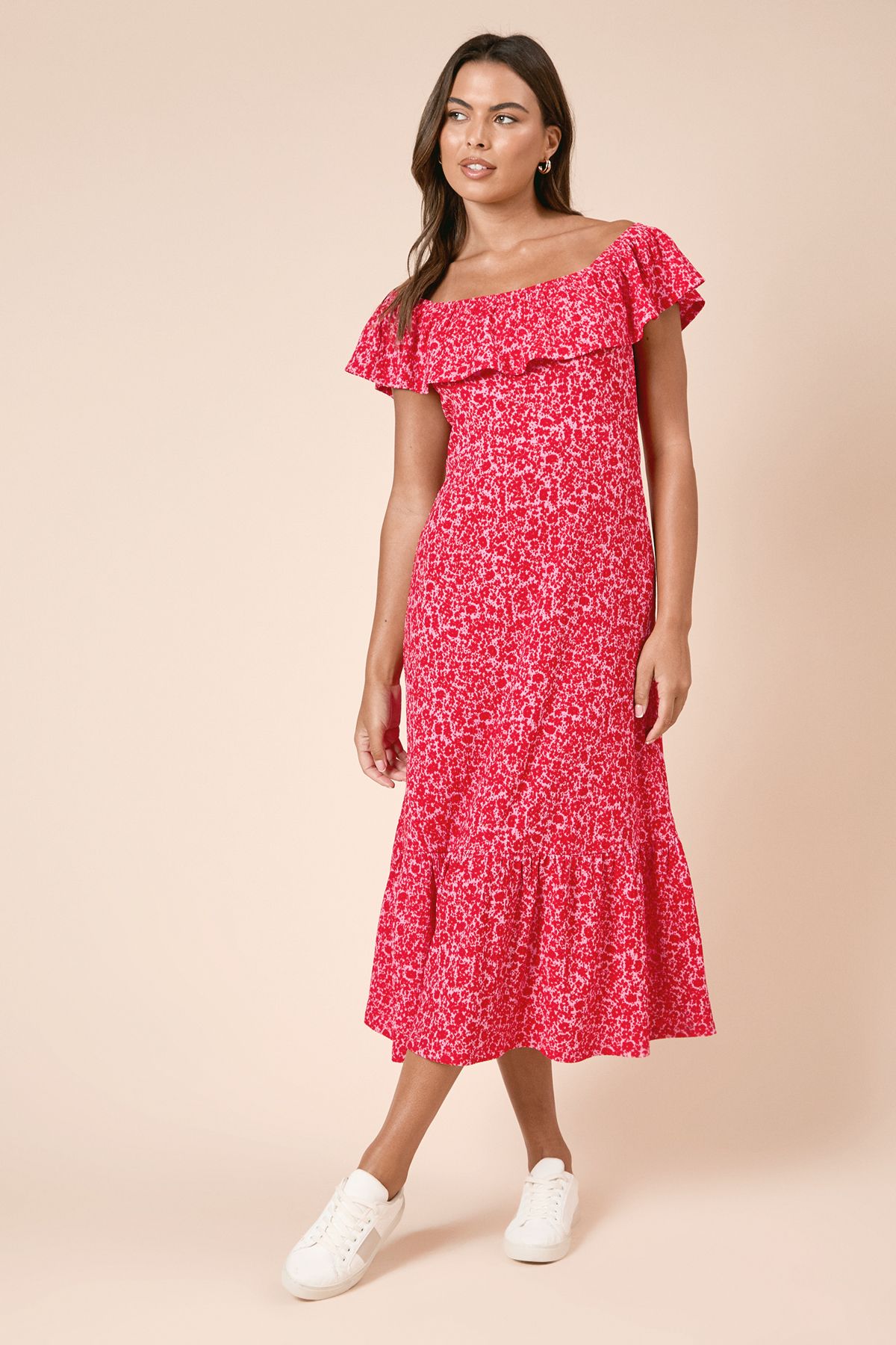 Dorothy Perkins Red Ditsy Frill Tiered Hem Jersey Midi Dress Red