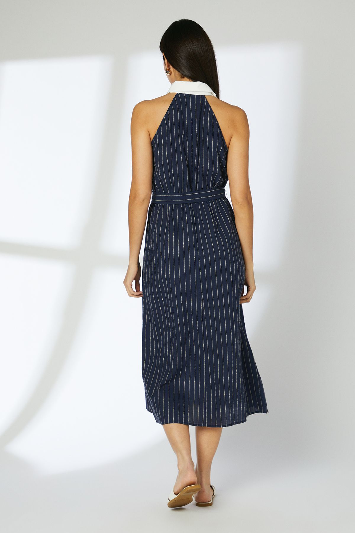 Principles Navy Pinstripe Collared Halterneck Midi Dress Navy image 4
