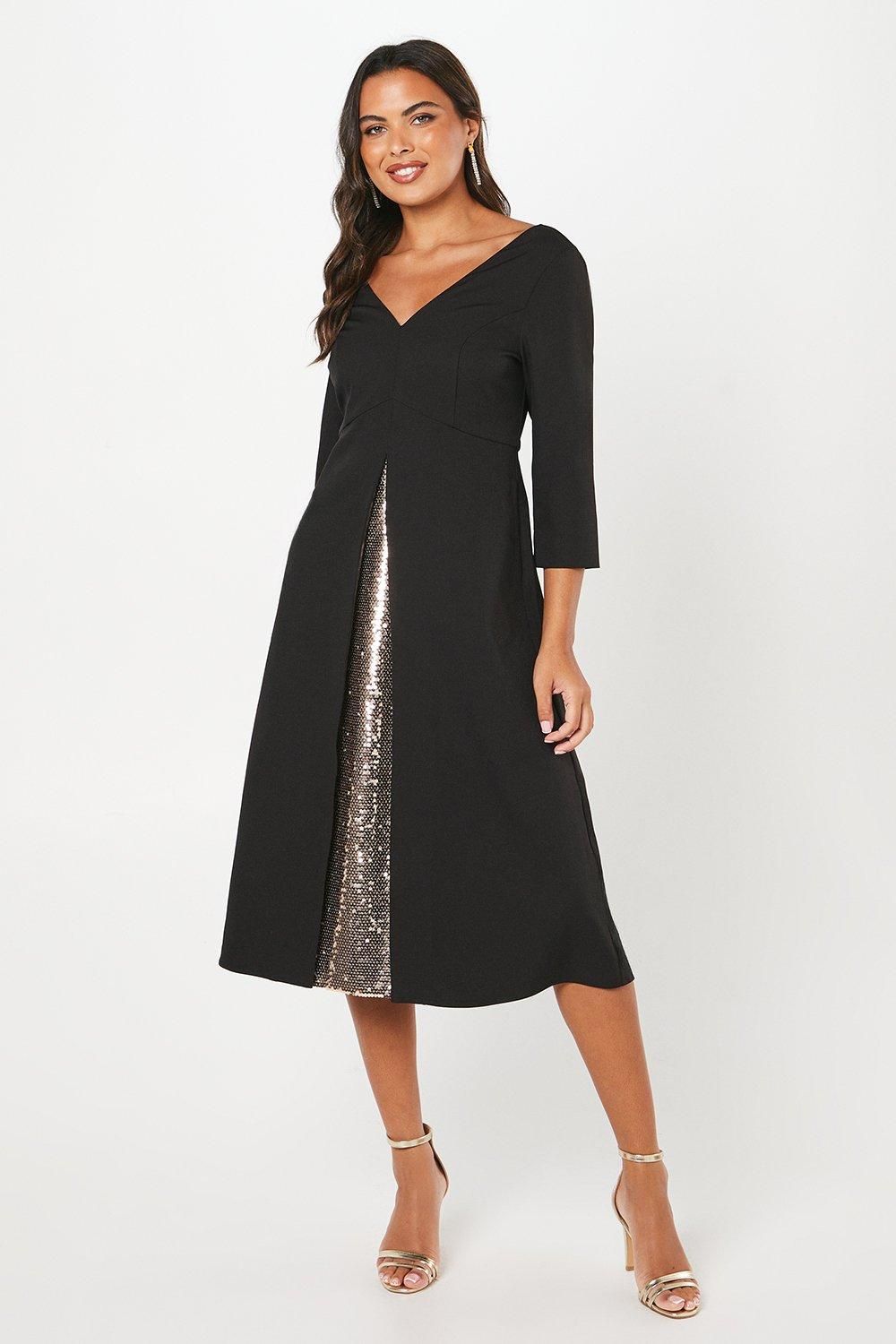 Coast Party Sequin Insert Midi Dress With 3/4 Sleeves Black image 1