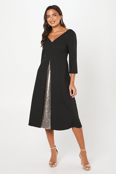 Coast Party Sequin Insert Midi Dress With 3/4 Sleeves Black