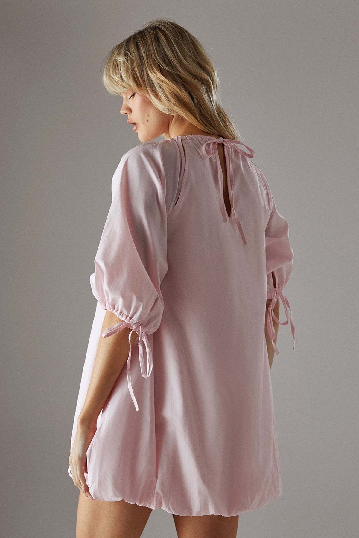 Warehouse Poplin Bubble Balloon Sleeve Mini Dress Pale Pink image 3