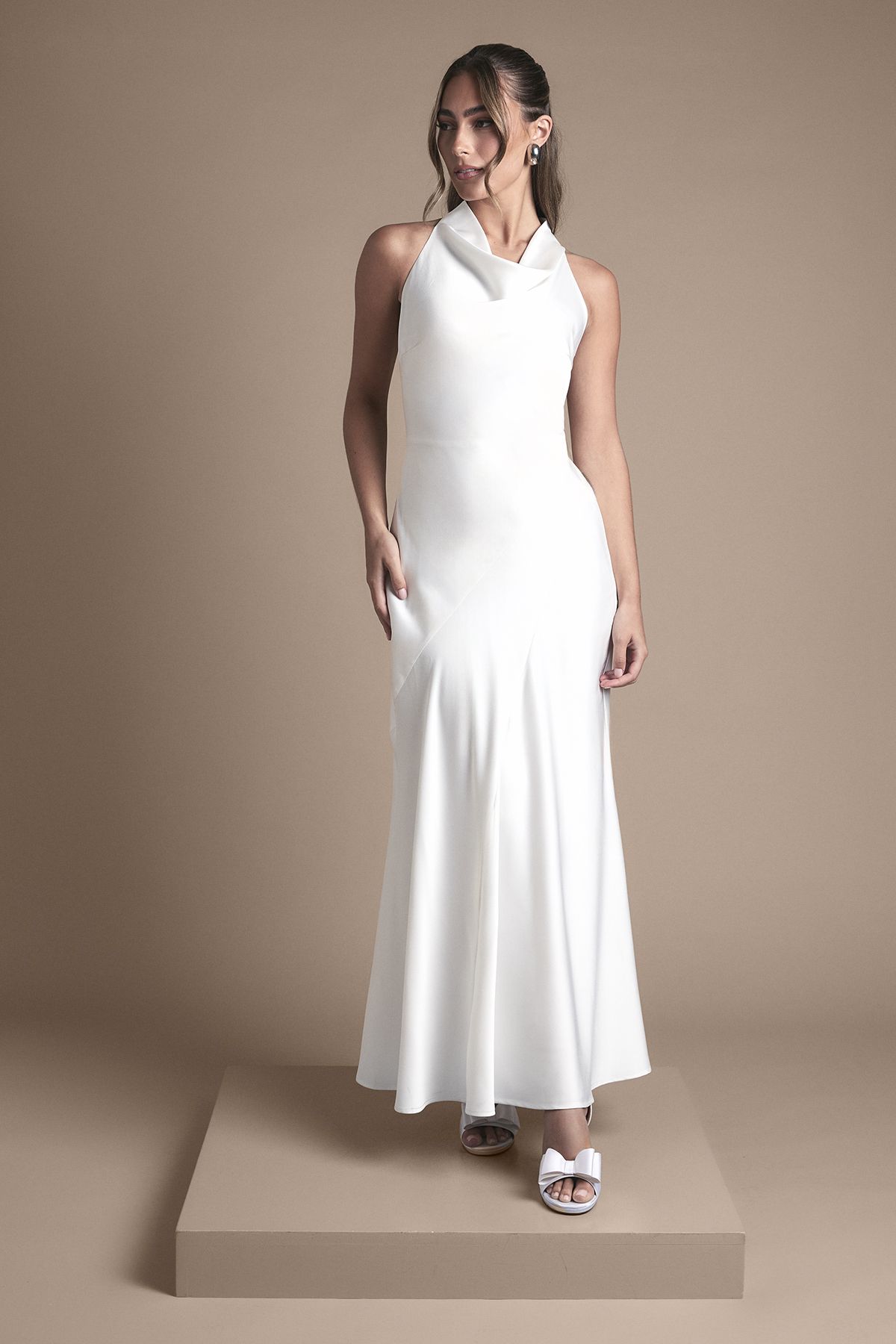 Oasis Oasis Cowl Halterneck Satin Maxi  Wedding Dress Ivory image 1